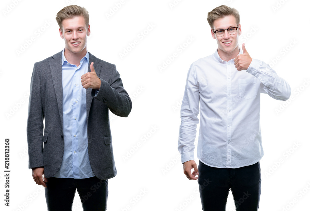 Young handsome blond business man wearing different outfits doing happy thumbs up gesture with hand. Approving expression looking at the camera with showing success. Young handsome blond business man wearing different outfits doing happy thumbs up gesture with hand. Approving expression looking at the camera with showing success.