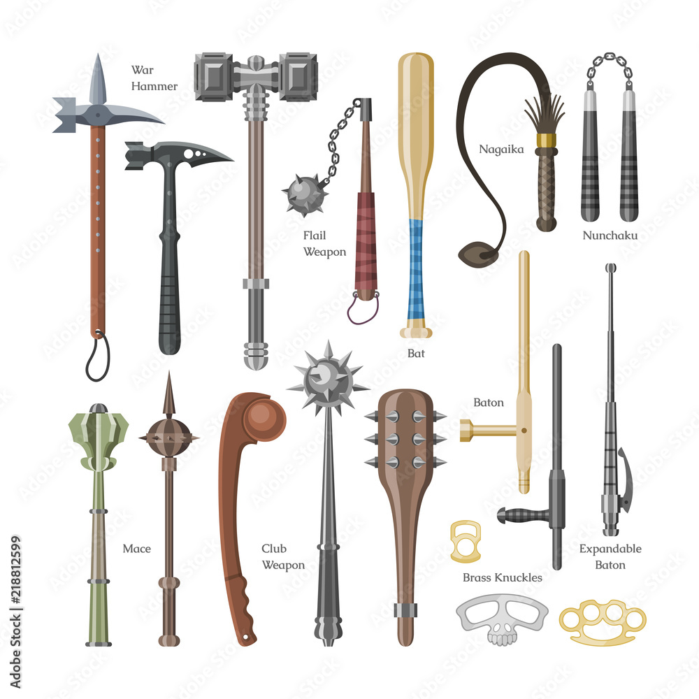 Medieval weapons vector ancient protection warrior and antique metal hammer  illustration weaponry set of flail-weapon and armour mace equipment  isolated on white background Stock Vector