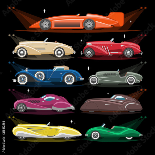 Art deco car vector retro luxury auto transport and art-deco modern automobile illustration set of old automotive vehicle and citycar with lighting headlight isolated on background illustration