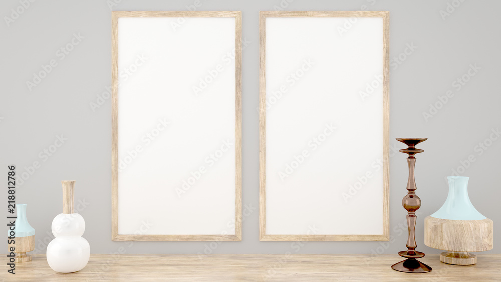 Two mock up poster frame, scandinavian style, 3D render, 3D illustration Two mock up poster frame, scandinavian style, 3D render, 3D illustration