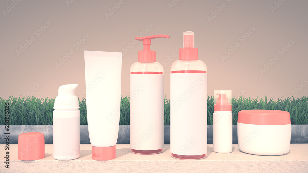 Realistic 3D rendering mockup for cosmetic containers for creams and tonic bottles. Bottle and tube, tonic cream for care skin illustration Realistic 3D rendering mockup for cosmetic containers for creams and tonic bottles. Bottle and tube, tonic cream for care skin illustration