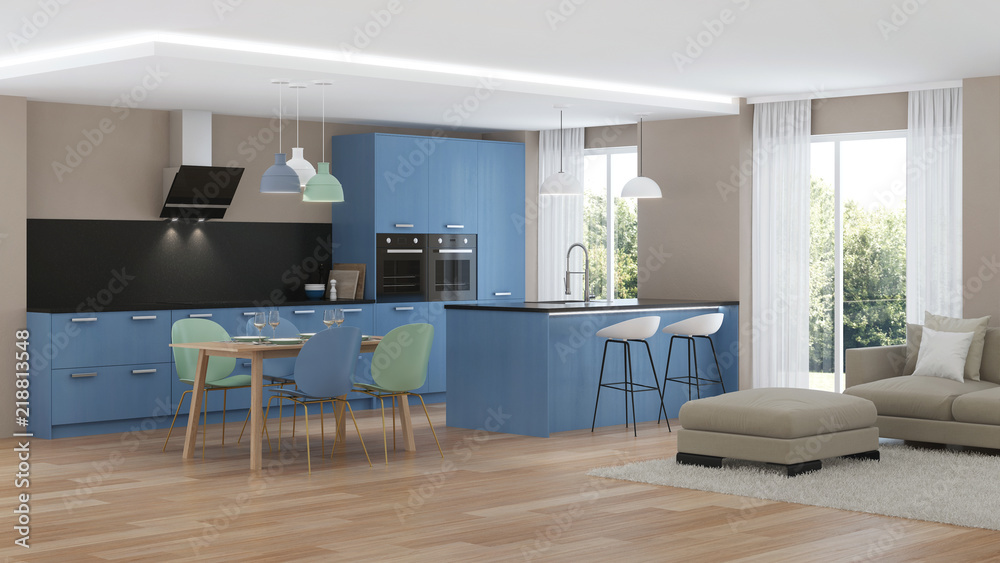 Modern house interior. Blue Kitchen. 3D rendering. Modern house interior. Blue Kitchen. 3D rendering.