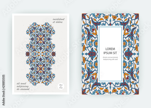Arabesque floral decoration print, border design template vector. Oriental flowers style pattern. Eastern motif element. Ornamental frame illustration background invite, greeting card, wedding