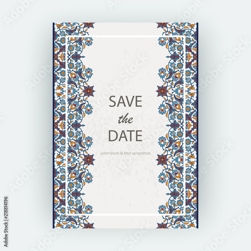 Arabesque floral decoration print, border design template vector. Oriental flowers style pattern. Eastern motif element. Ornamental frame illustration background invite, greeting card, wedding