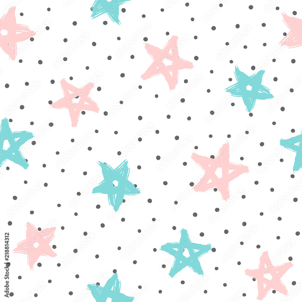 Repeated rounded dots and stars drawn by hand with rough brush. Cute seamless pattern. Grunge, graffiti, sketch, watercolour. White, black, pink, blue. Repeated rounded dots and stars drawn by hand with rough brush. Cute seamless pattern. Grunge, graffiti, sketch, watercolour. White, black, pink, blue.