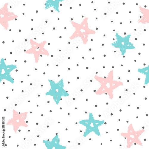Repeated rounded dots and stars drawn by hand with rough brush. Cute seamless pattern. Grunge, graffiti, sketch, watercolour. White, black, pink, blue.