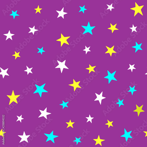 Repeated randomly scattered coloured stars. Colorful seamless pattern for children. Purple, yellow, blue, white. © Anne Punch
