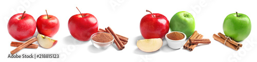 Set with aromatic cinnamon and fresh apples on white background