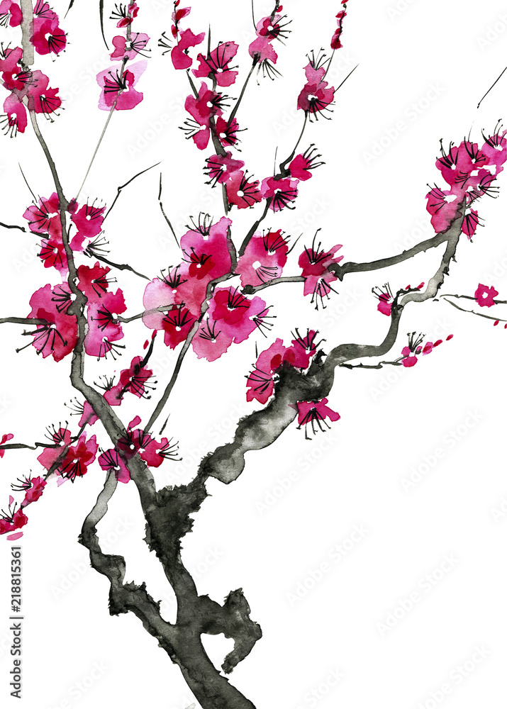 Fototapeta premium A branch of a blossoming tree. Pink and red stylized flowers of plum mei, wild apricots and sakura . Watercolor and ink illustration in style sumi-e, u-sin. Oriental traditional painting.
