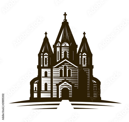 Church, place of worship or cathedral. Vintage sketch vector illustration