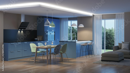 Modern house interior. Blue Kitchen. Night. Evening lighting. 3D rendering. © artemp1