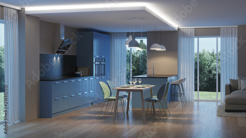 Modern house interior. Blue Kitchen. Night. Evening lighting. 3D rendering.