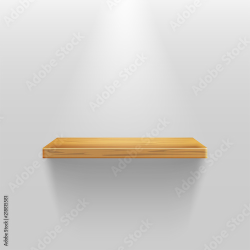 Vector empty wooden shelf isolated on gray background.