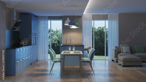 Modern house interior. Blue Kitchen. Night. Evening lighting. 3D rendering. © artemp1
