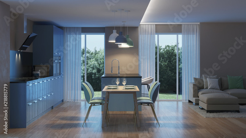 Fototapeta Naklejka Na Ścianę i Meble -  Modern house interior. Blue Kitchen. Night. Evening lighting. 3D rendering.
