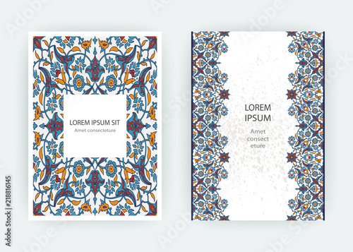 Arabesque floral decoration print, border design template vector. Oriental flowers style pattern. Eastern motif element. Ornamental frame illustration background invite, greeting card, wedding