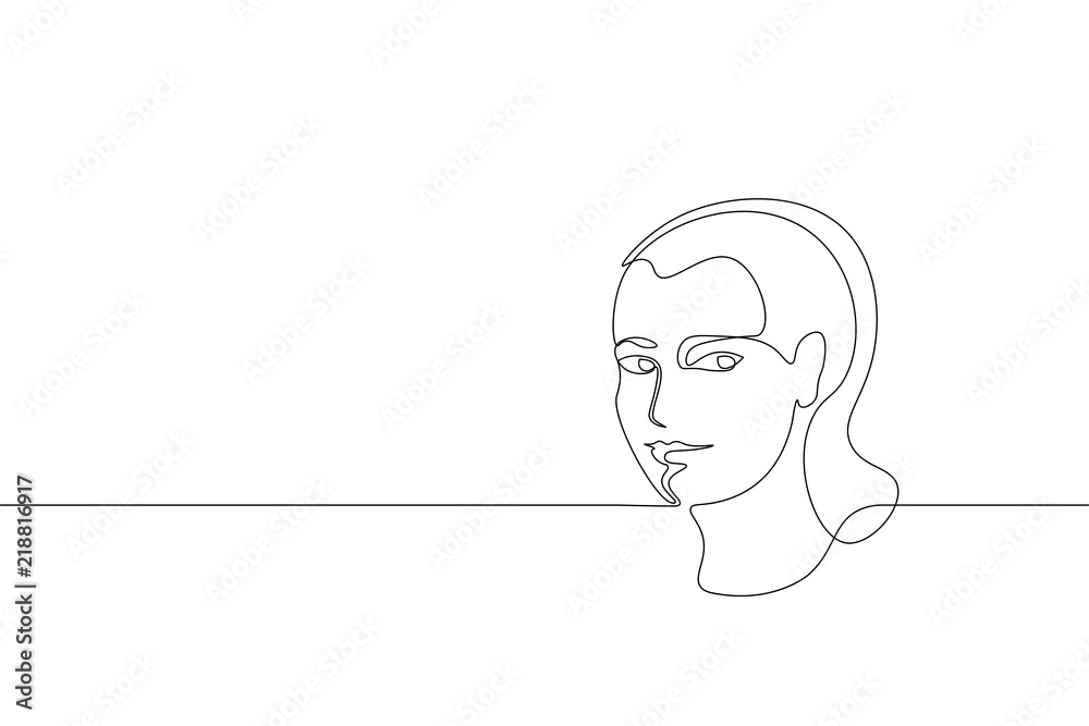 Continuous one single line art girl face concept. Beautiful woman portrait fashion hair hand drawn sketch. Beauty happy smiling young lady side head black white monochrome vector illustration Continuous one single line art girl face concept. Beautiful woman portrait fashion hair hand drawn sketch. Beauty happy smiling young lady side head black white monochrome vector illustration