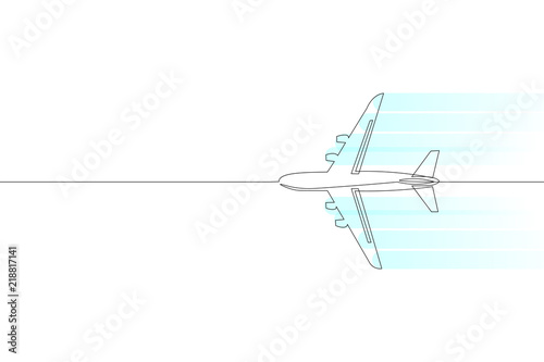 Continuous one single line art passenger airplane travel concept. Fast flying to the left plain cargo trip white sky business hand drawn sketch. Aviation transport tourism vector illustration