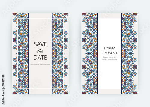 Arabesque floral decoration print, border design template vector. Oriental flowers style pattern. Eastern motif element. Ornamental frame illustration background invite, greeting card, wedding