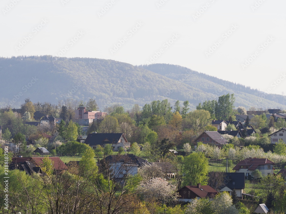 Scenery of cityscape of european Bielsko-Biala city and countryside landscape of housing estate at Beskids in POLAND