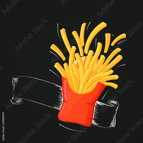 Flying french fries with outline and blank ribbon drawn with chalk on a blackboard.