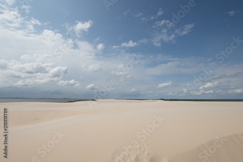 sand dunes similar to the Sahara desert with lake in the background. surreal landscape in northern europe