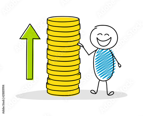 Business concept with hand drawn stickman showing coin stack. Vector.