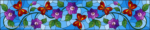 Illustration in stained glass style with abstract curly purple flower and an red  butterfly on blue background , horizontal image