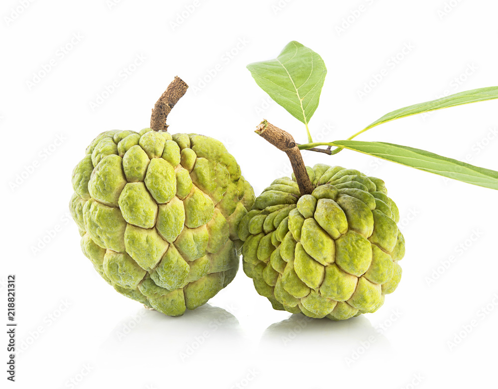 fresh custard apple with leaf isolated on white fresh custard apple with leaf isolated on white