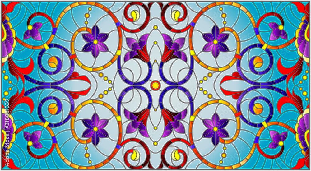 Illustration in stained glass style with abstract swirls,flowers and leaves on a blue background,horizontal orientation Illustration in stained glass style with abstract swirls,flowers and leaves on a blue background,horizontal orientation