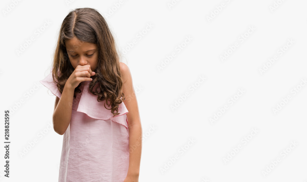 Brunette hispanic girl wearing pink dress feeling unwell and coughing as symptom for cold or bronchitis. Healthcare concept. Brunette hispanic girl wearing pink dress feeling unwell and coughing as symptom for cold or bronchitis. Healthcare concept.