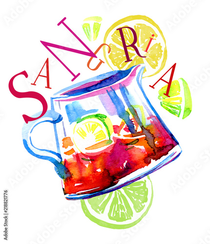 Watercolor hand drawn expressive illustration with jar of sangria, lemons and title