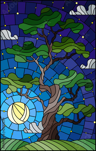 Illustration in stained glass style with tree on sky background with the stars and moon
