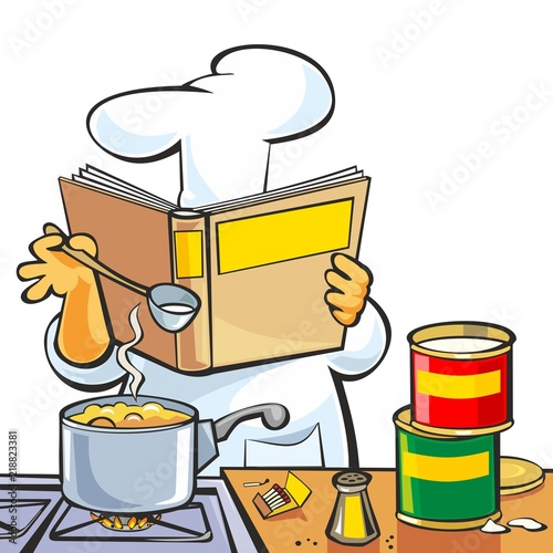 Chef preparing soup and reading recipe cookbook.