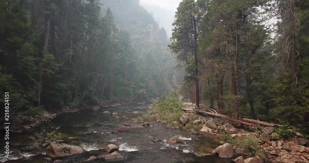 Flying shot over a river in Yosemite national park