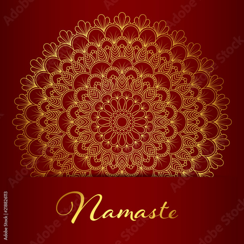 Flyer or brochure template with golden mandala pattern. Yoga classes banner. Hand drawn vector illustration