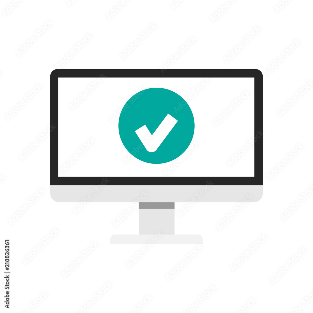 Check mark on the computer screen. Valid icon. Check mark on the computer screen. Valid icon.