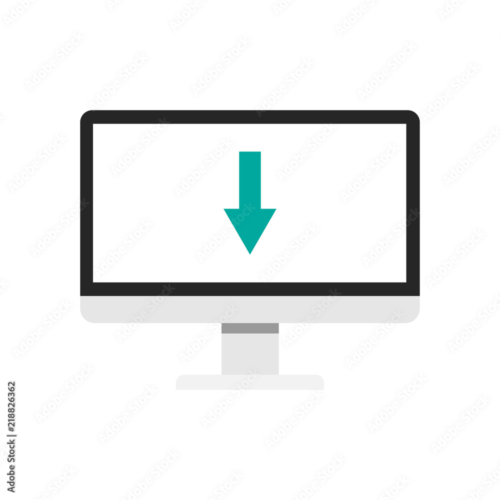 Blue arrow down on the computer screen. Flat icon. Blue arrow down on the computer screen. Flat icon.
