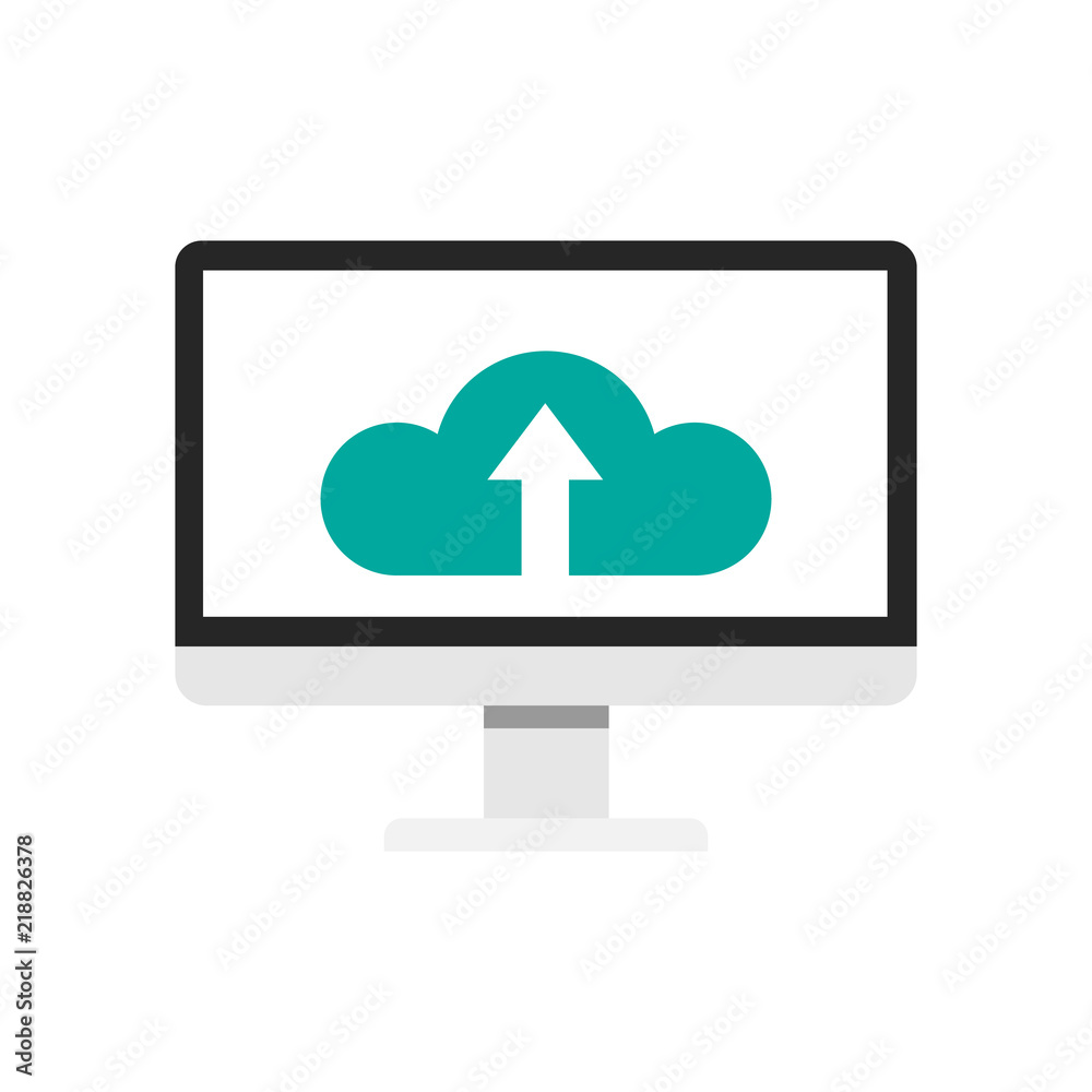 Computer screen with cloud and arrow up. Flat icon. . Computer screen with cloud and arrow up. Flat icon. .