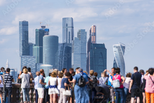 Canvas Print People at the Sparrow Hills, tourists in front of Moscow City business centre in