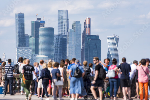 People at the Sparrow Hills, tourists in front of Moscow City business centre in Moscow in Russia