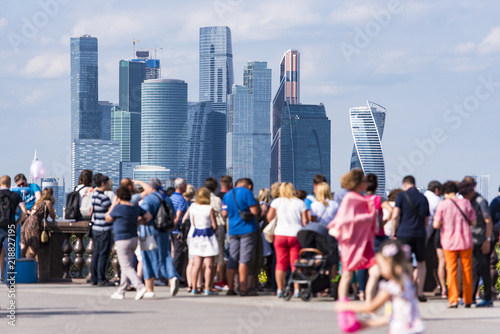 Photography People at the Sparrow Hills, tourists in front of Moscow City business centre in