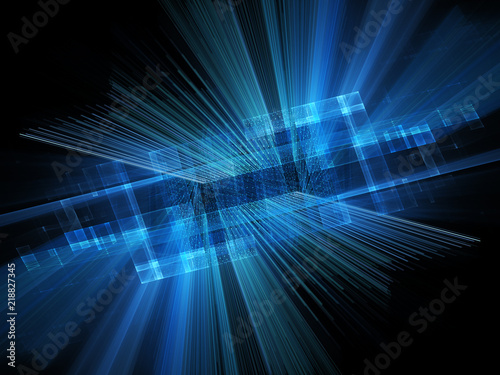 Abstract background element. Fractal graphics 3d illustration. Symmetric composition of repeating grids. Information technology concept. Blue and black colors.