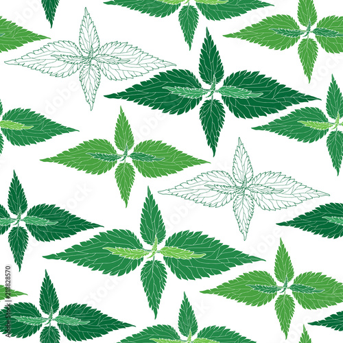 Monochrome floral pattern with leaves of nettle on white background. Seamless background.