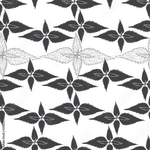 Monochrome floral pattern with leaves of nettle on white background. Seamless background.