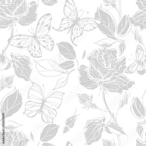 Seamless vector pattern with roses and butterflies on a white background.
