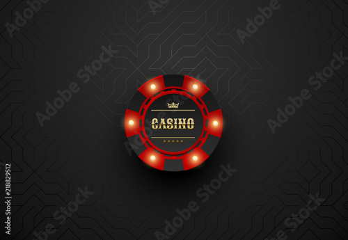Vector red casino poker chip with luminous light elements. Black silk geometric background. Blackjack or online casino web banner, logo or icon.