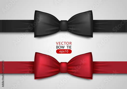Black and red bow tie, realistic vector illustration, isolated on white background. Elegant silk neck bow. Vip event accessory