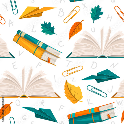 A seamless pattern with books, paper planes and paper clips