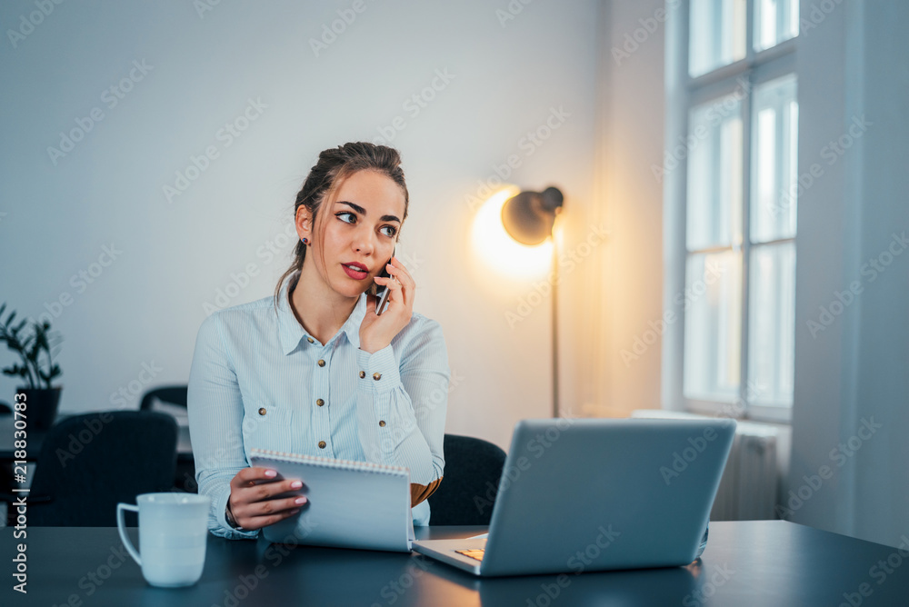 Portrait of a young woman working in her office talking on a mobile phone Portrait of a young woman working in her office talking on a mobile phone